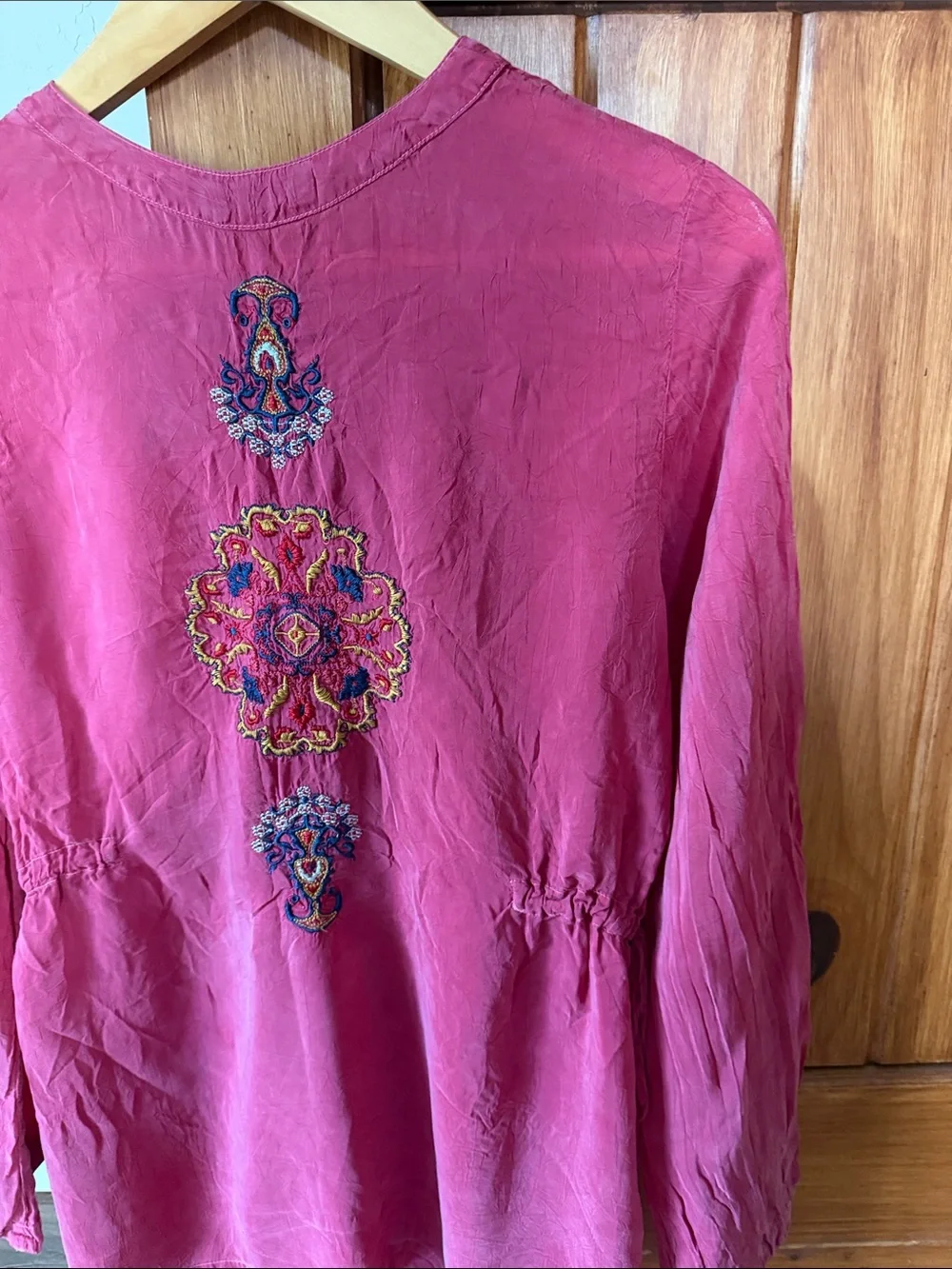 Johnny Was long sleeve Embroidered Drawstring Waist Blouse Medium, berry color